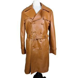 Vintage 70s Pleater Caramel Trench Coat Double Breasted Size Small Belted